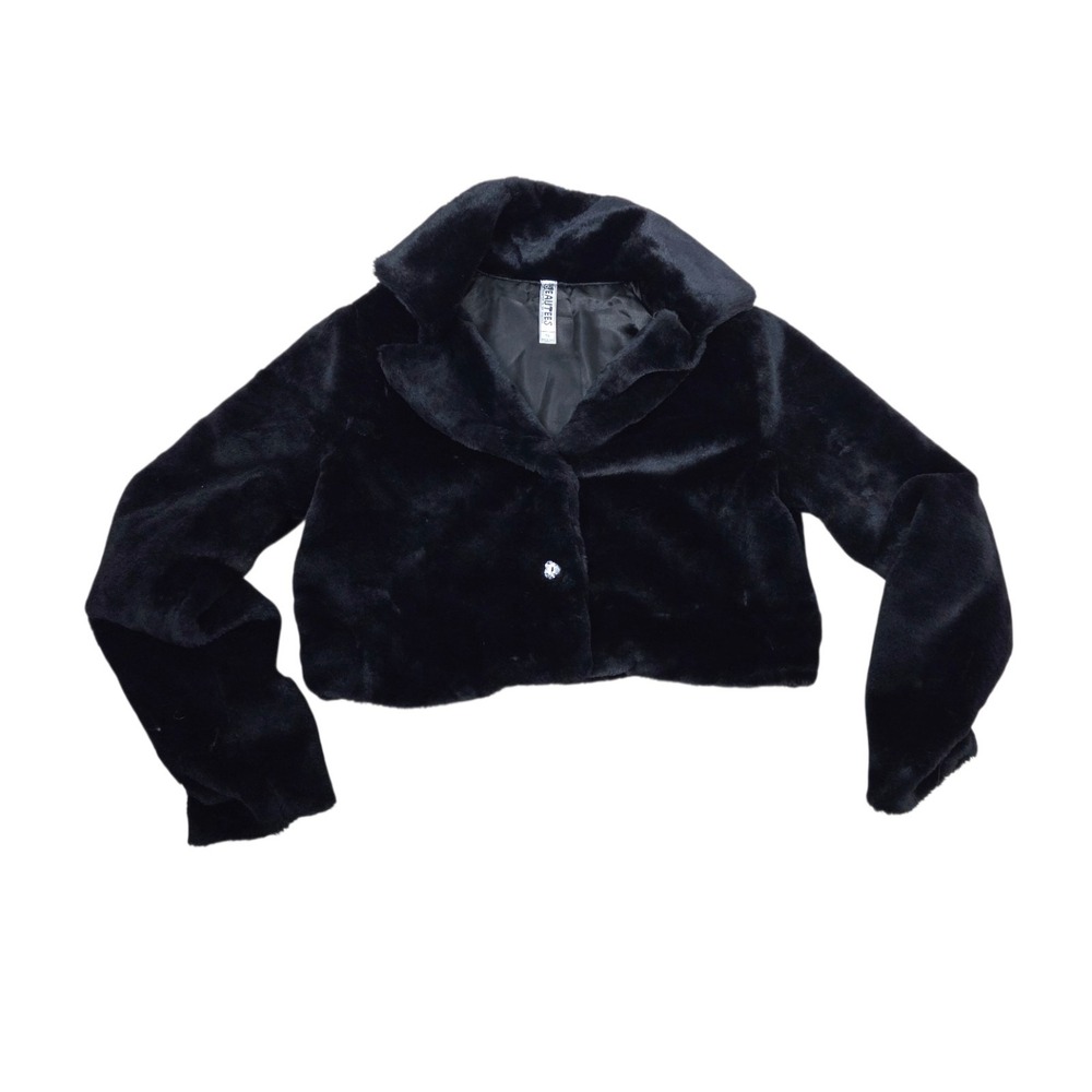 Beautees Girls Size Large (16) Black Faux Fur Cropped Shrug Coat Heart Buttons
